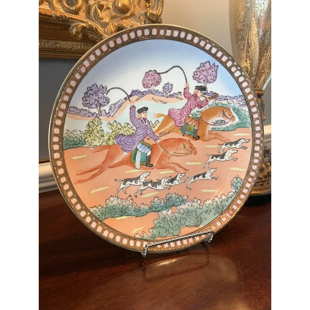 Vintage Chinese Porcelain Plate Equestrian Fox Hunt Scene Hand Painted 10